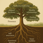 Tree depicting Enneagram Self-Discovery journey with keywords like self-awareness, leadership, and purpose in life.