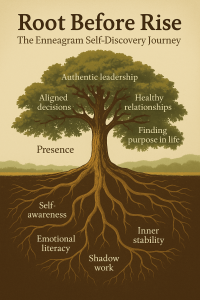 Tree depicting Enneagram Self-Discovery journey with keywords like self-awareness, leadership, and purpose in life.