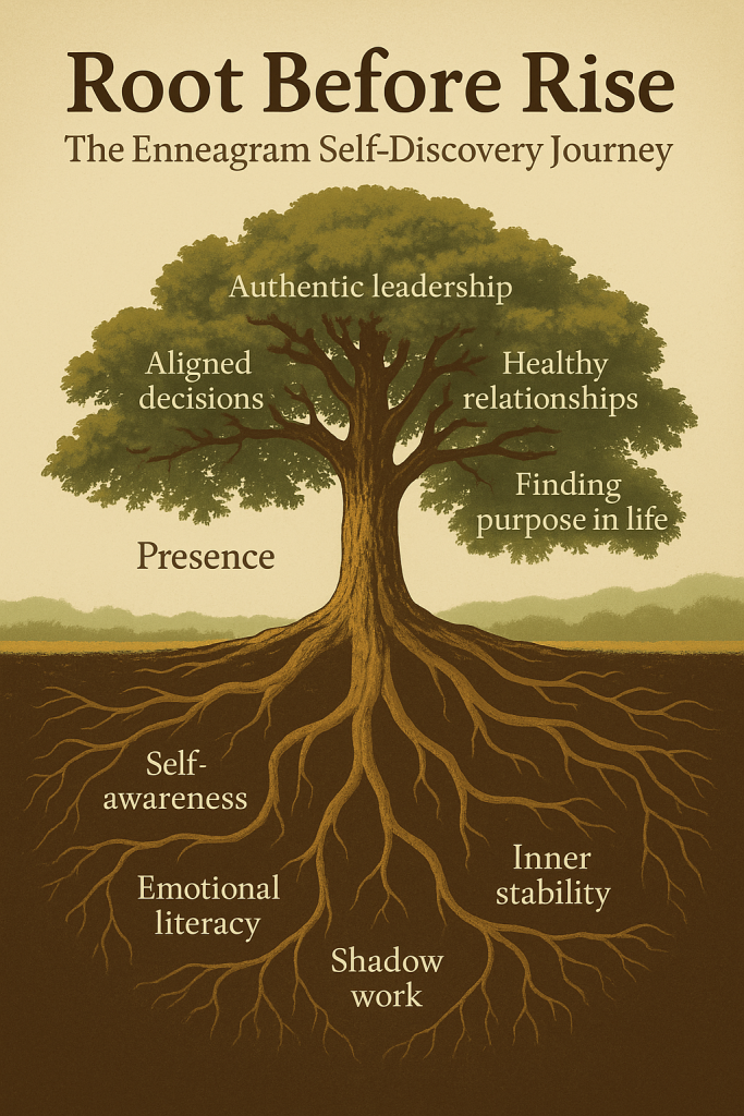 Tree depicting Enneagram Self-Discovery journey with keywords like self-awareness, leadership, and purpose in life.