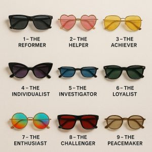 Nine sunglasses styles represent Enneagram types 1-9: Reformer, Helper, Achiever, Individualist, Investigator, Loyalist, Enthusiast, Challenger, Peacemaker.