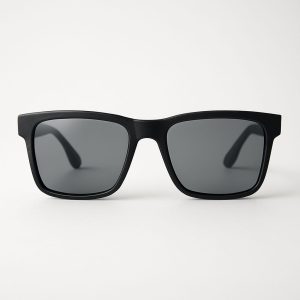 Black sunglasses with gray lenses, labeled "Enneagram Lens type 1," offer a sleek, minimalist look.