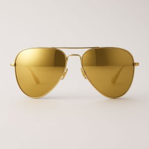 Golden aviator sunglasses, resembling Enneagram Lens type 3, against a plain background.