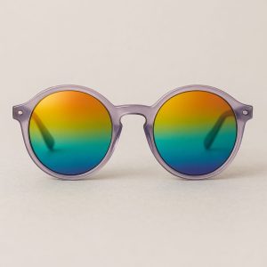 Colorful round sunglasses with gradient lenses, embodying Enneagram Lens type 7, on a neutral background.