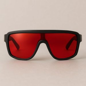 Black sunglasses with red Enneagram Lens type 8, featuring a bold, modern design on a neutral background.