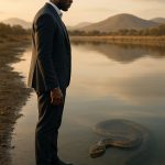Man in a suit stands by a serene river, observing a large snake, symbolizing leadership development challenges.