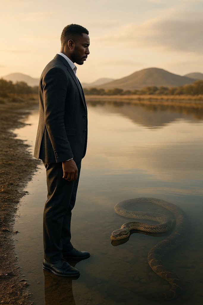 Man in a suit stands by a serene river, observing a large snake, symbolizing leadership development challenges.