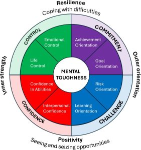 Circular diagram illustrating MTQ+ mental toughness, highlighting control, commitment, challenge, and confidence aspects.