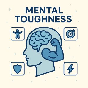 Illustration of a brain inside a flexing arm, symbolising mental toughness with icons for resilience, focus, and energy.