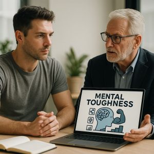 Older coach discusses Mental Toughness with a young man, displaying a related image on a laptop.