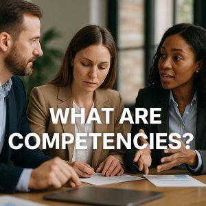 Three professionals discussing documents, highlighting the question "What are competencies?" in bold text.