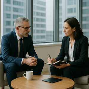 Two professionals in suits discuss executive coaching services at ECCSA in a modern office setting.