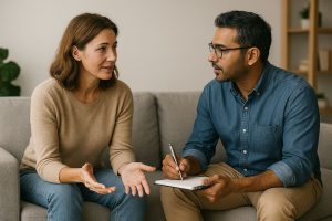 Life coach engaged in conversation with a client, representing ECCSA Life Coaching Services.