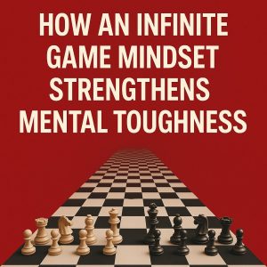 Chess pieces on an endless board symbolize how an infinite game mindset strengthens mental toughness.