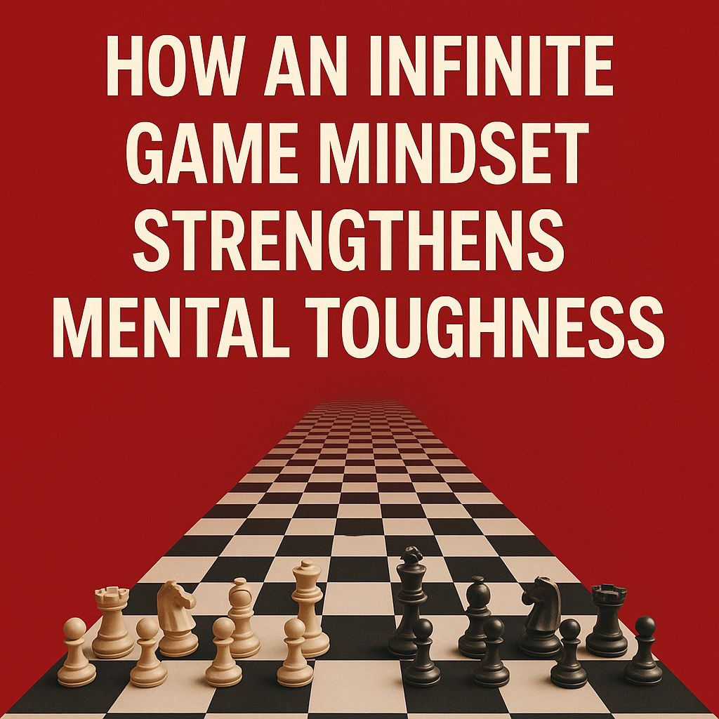 Chess pieces on an endless board symbolize how an infinite game mindset strengthens mental toughness.
