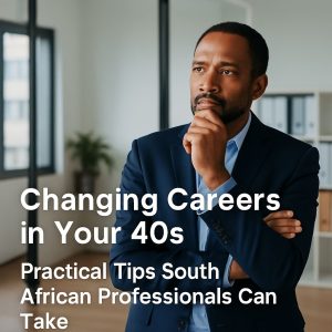 A thoughtful man in a suit considers options for changing careers in his 40s, with tips for South African professionals.