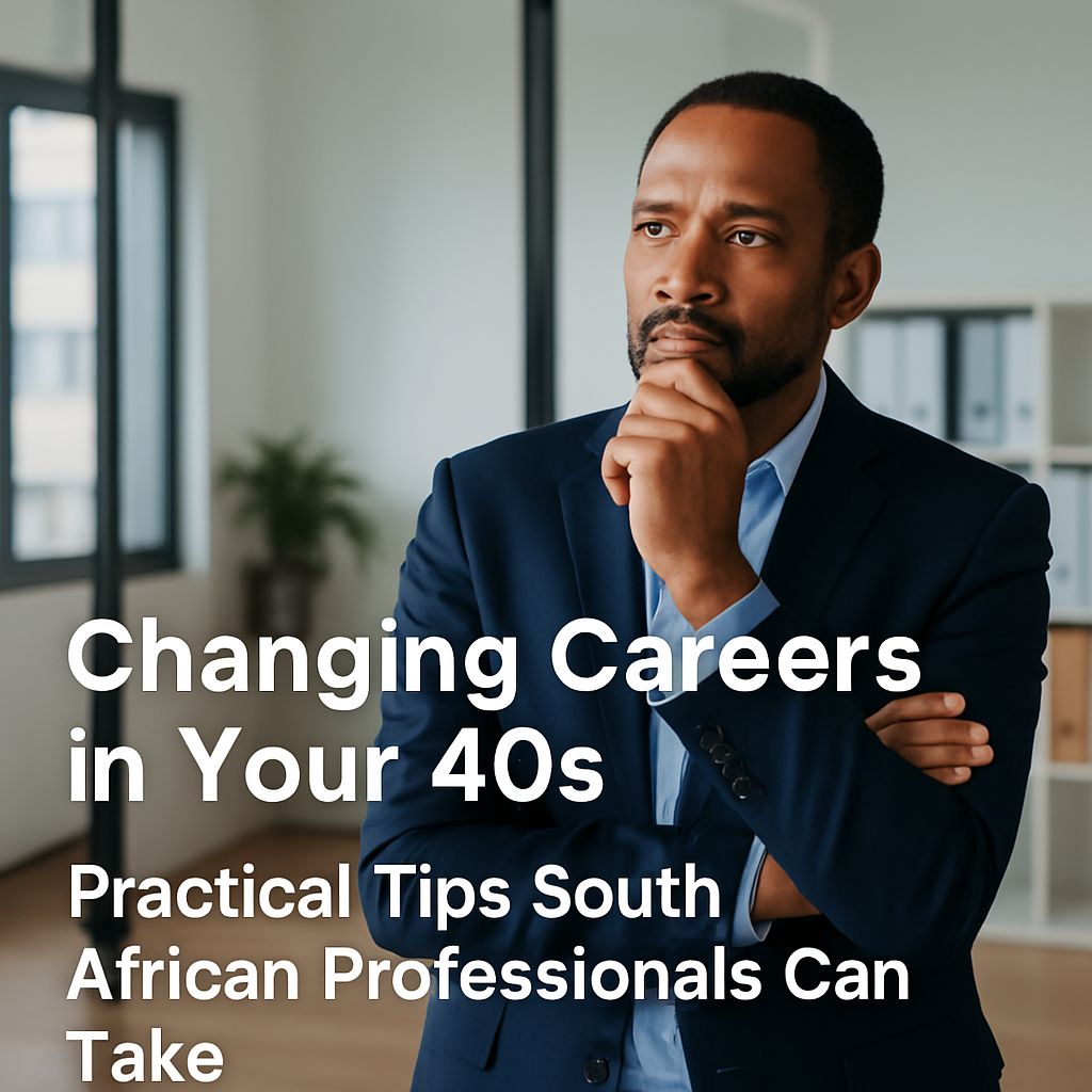 A thoughtful man in a suit considers options for changing careers in his 40s, with tips for South African professionals.