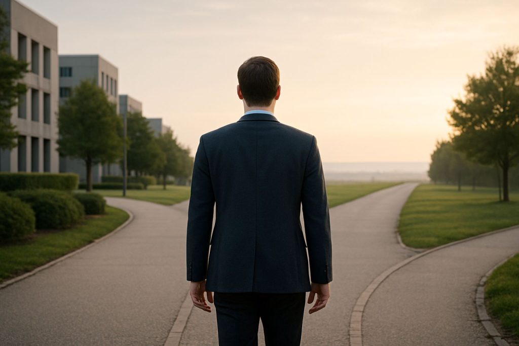 A man in a suit stands at a crossroads, symbolizing signals of a needed career change at sunrise.