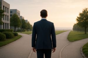A man in a suit stands at a crossroads, symbolizing signals of a needed career change at sunrise.