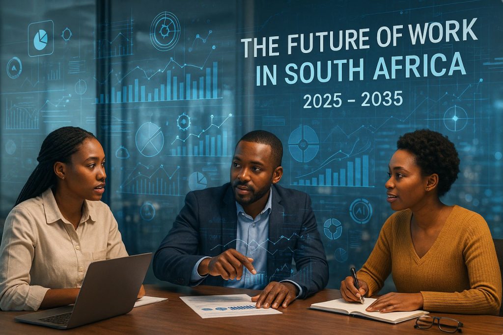 Three professionals discuss the future of work critical skills in South Africa, with data visuals in the background.