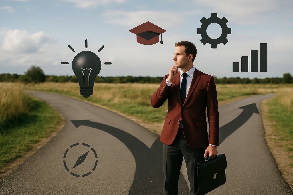 Businessman contemplating career choices at a crossroads, with icons representing education, innovation, and growth.