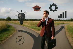 Businessman contemplating career choices at a crossroads, with icons representing education, innovation, and growth.