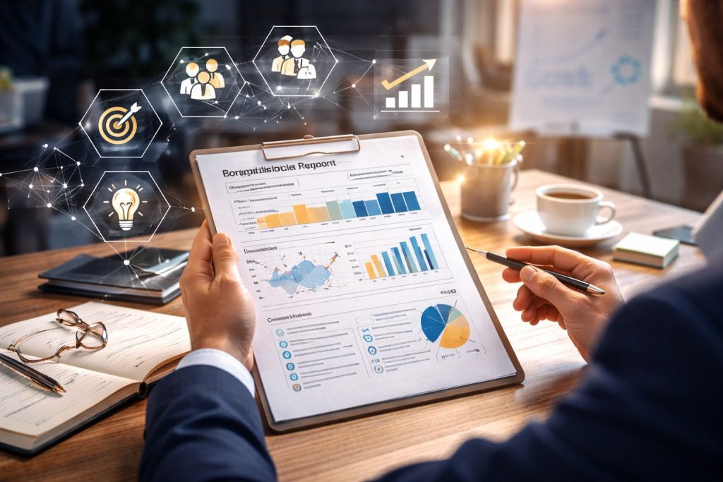 A person reviews a report with graphs and icons, focusing on Individual Development Plans and performance metrics.
