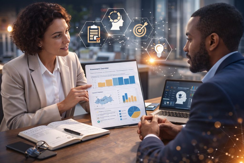 A woman presents assessment data to a man, discussing individual feedback to candidates in a modern office setting.