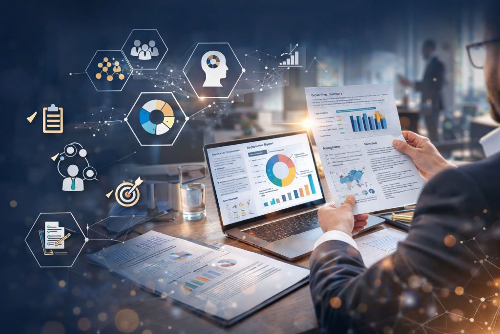 Business professional reviewing Management and HR Reports with graphs and charts on a laptop and documents on a desk.