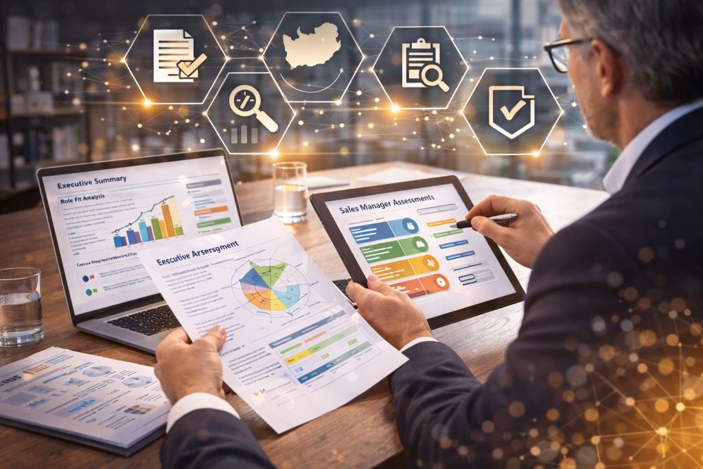 Business professional analyzing assessment-battery results on a tablet and printed reports at a desk with graphs and icons.