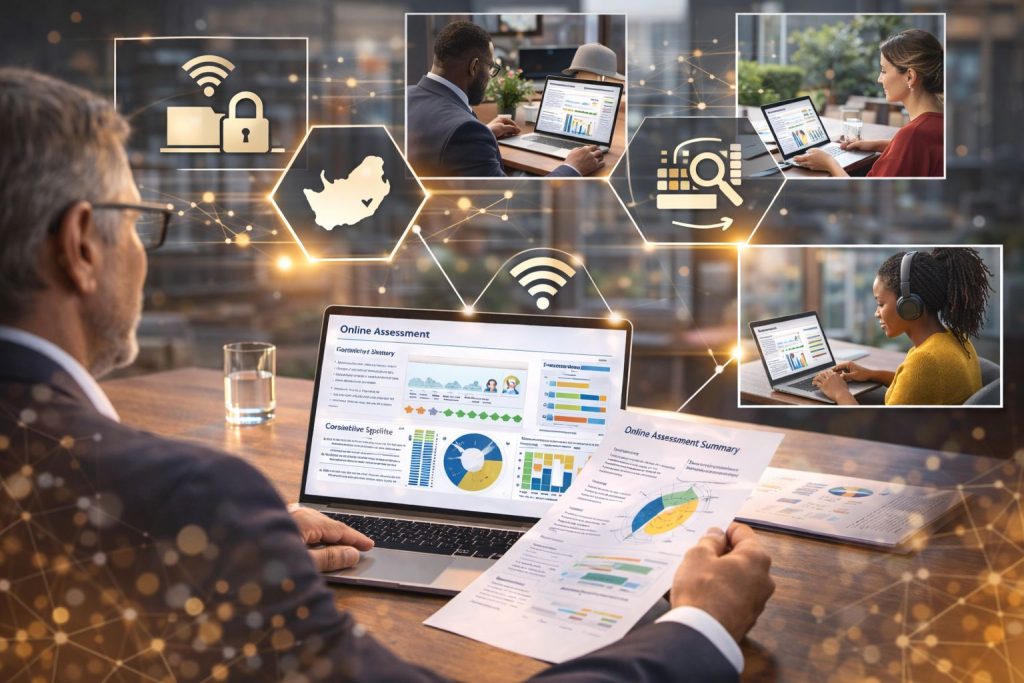 Business professionals using secure online assessment tools, analyzing data on laptops with visual graphs and charts.