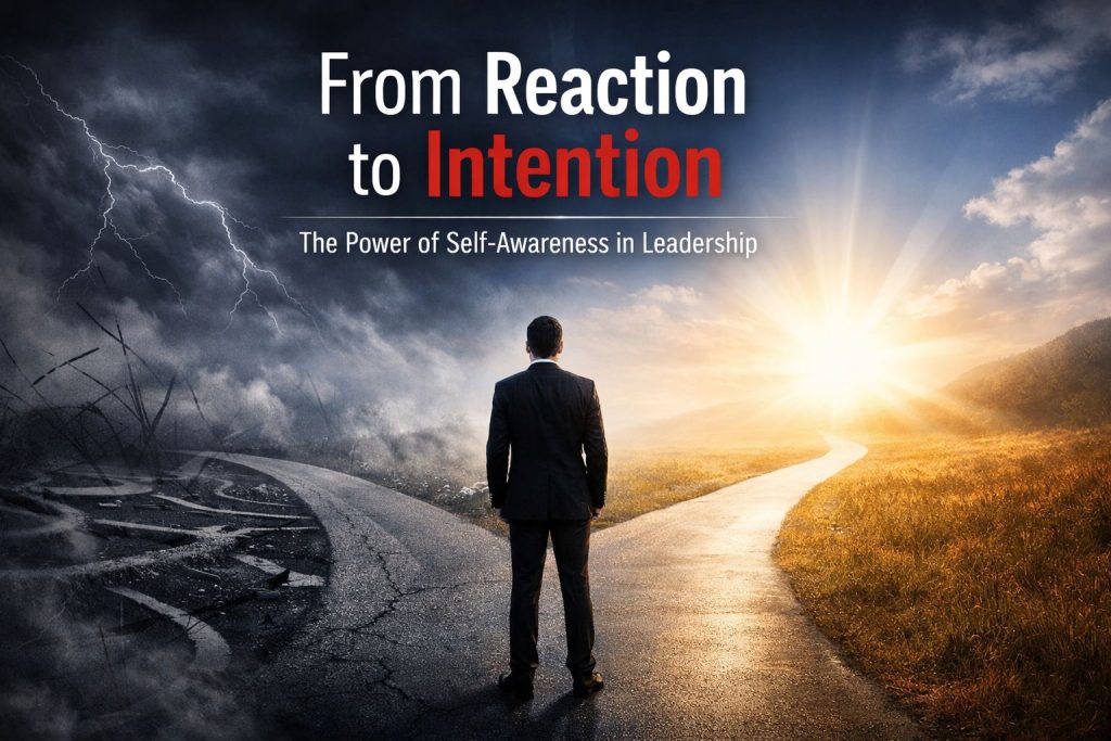 A businessman stands at a crossroads, symbolizing the shift in AI strategy for businesses from reaction to intention.