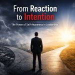 A businessman stands at a crossroads, symbolizing the shift in AI strategy for businesses from reaction to intention.