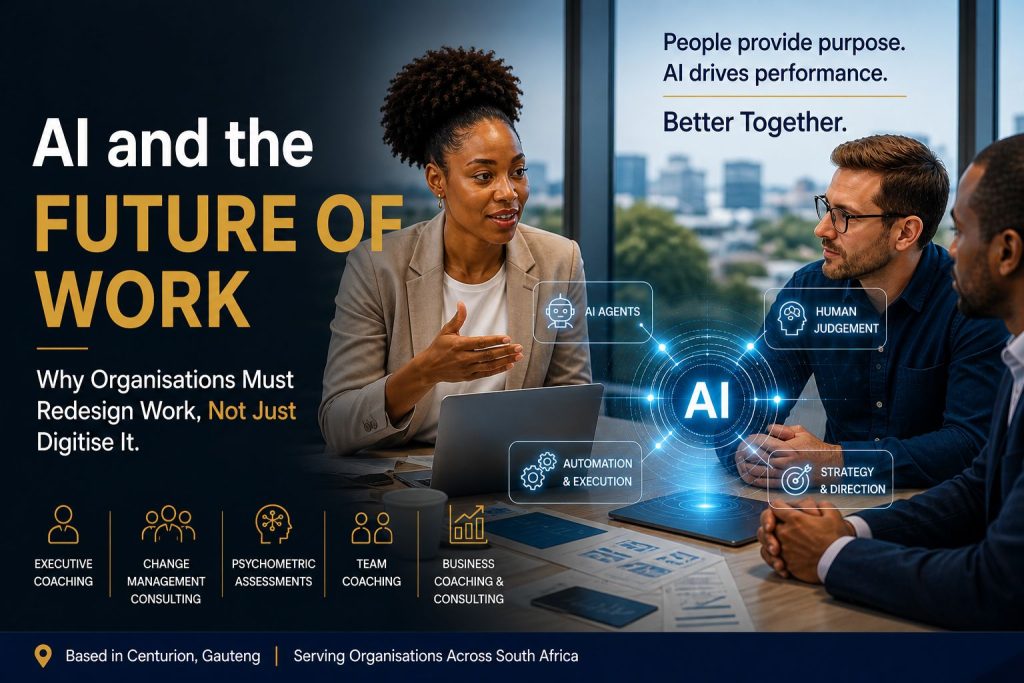 Diverse professionals discuss "AI and the Future of Work," emphasizing redesigning work, not just digitization.