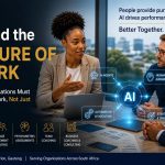 Diverse professionals discuss "AI and the Future of Work," emphasizing redesigning work, not just digitization.