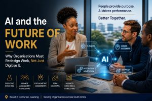 Diverse professionals discuss "AI and the Future of Work," emphasizing redesigning work, not just digitization.