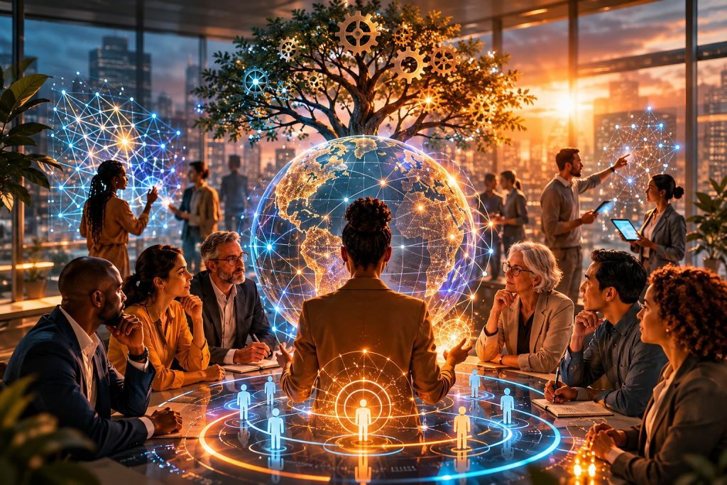 Business team in a futuristic meeting room with a digital globe, holographic displays, and a tree symbolizing growth.
