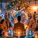 Business team in a futuristic meeting room with a digital globe, holographic displays, and a tree symbolizing growth.