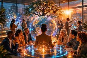 Business team in a futuristic meeting room with a digital globe, holographic displays, and a tree symbolizing growth.