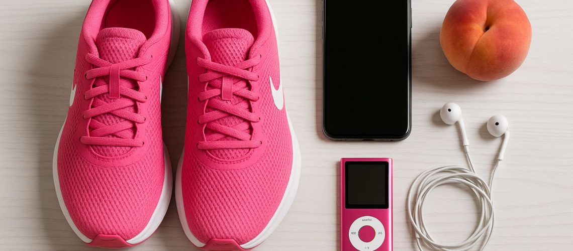 Pink running shoes, a smartphone, a peach, and a pink music player with headphones, ideal for morning routine tweaks.