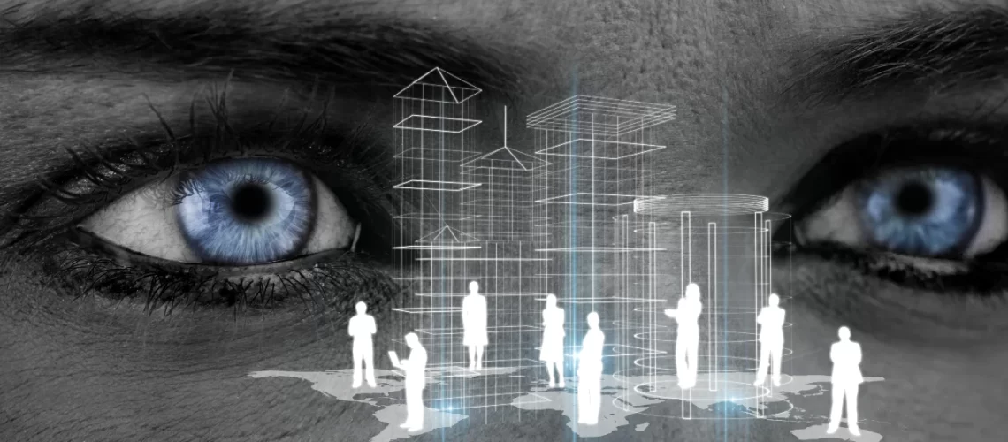 Close-up of blue eyes overlayed with holographic business figures and structures, symbolizing a visionary business outlook.