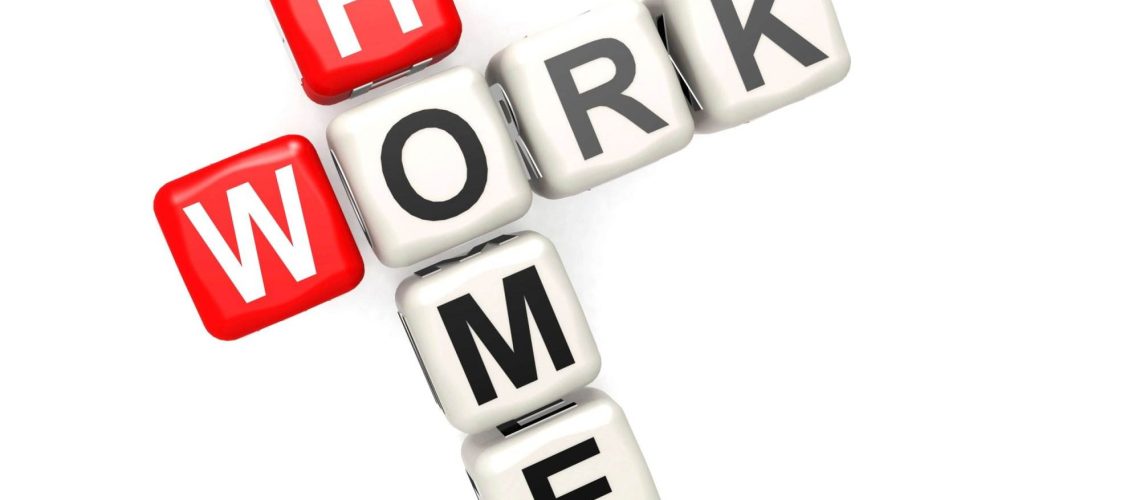 Dice spelling "WORK" in black on white cubes, intersected by "HOME" in white on red cubes, forming a crossword style layout.
