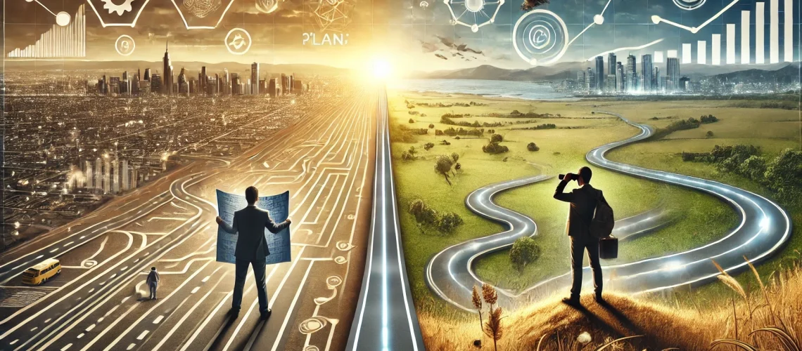 Two paths diverge; one planned and structured, the other organic and strategic, symbolizing "A plan is not a strategy.