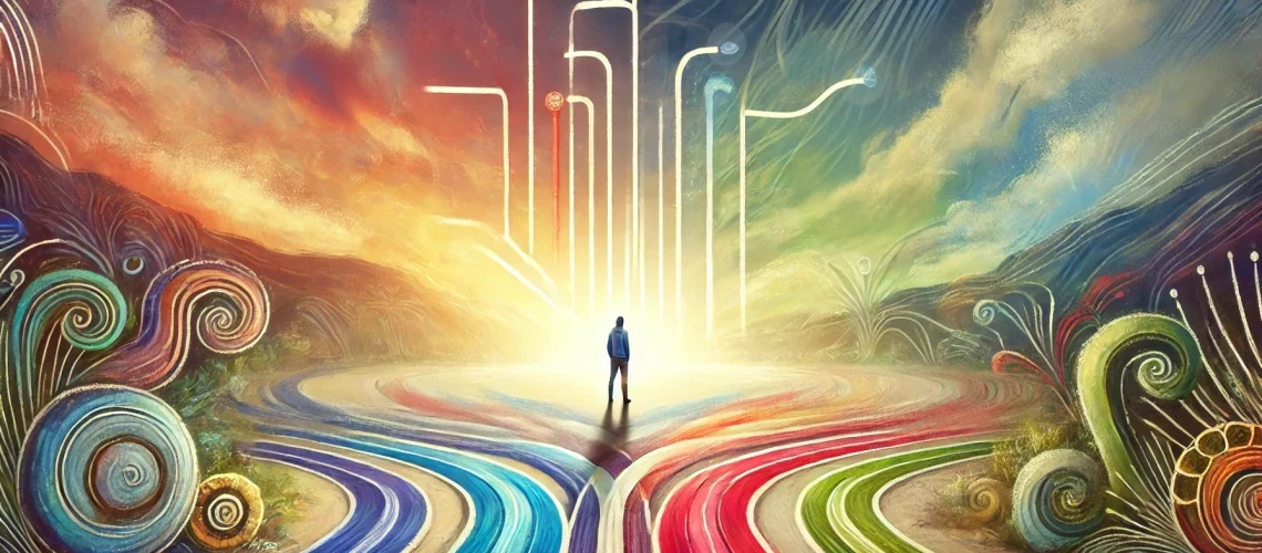 Person stands at the start of colorful pathways leading to illuminated diagram, symbolizing enneagram coaching and self-awareness journey.