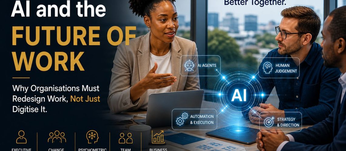Diverse professionals discuss "AI and the Future of Work," emphasizing redesigning work, not just digitization.