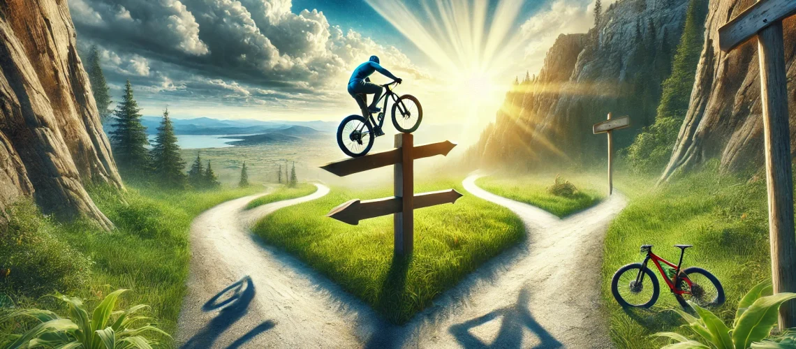 Cyclist balancing on signpost at crossroads, symbolizing choices and boosting confidence, with sunrise enhancing self-esteem.