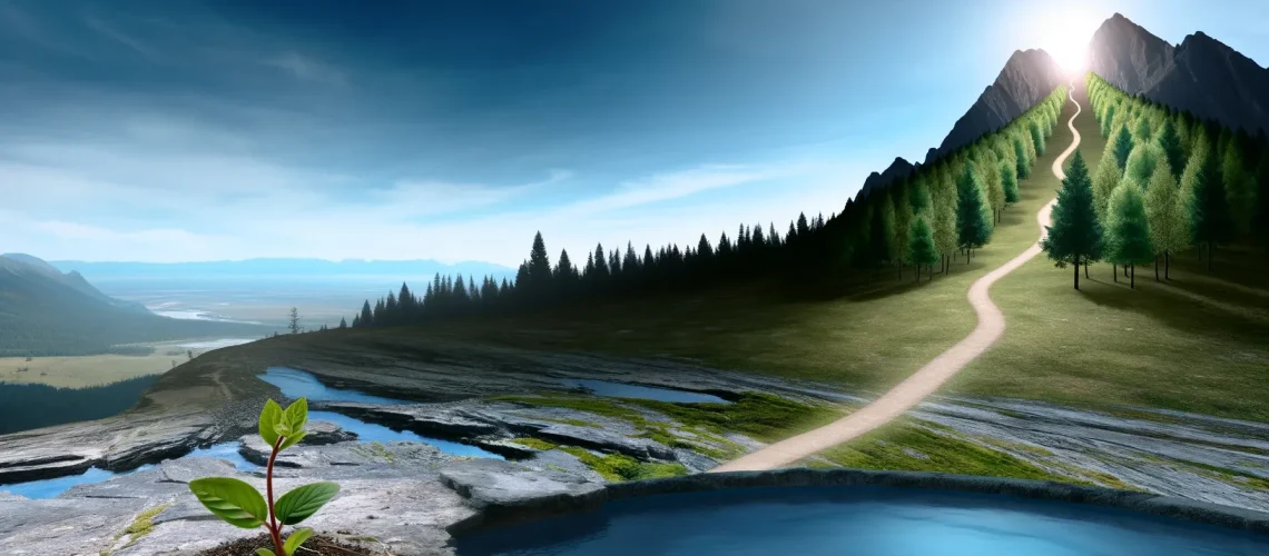 An evocative landscape depicting the journey of business and personal growth, featuring a path from a budding plant through a lush forest to a mountain peak. The clear, flowing river within the forest represents mindfulness, symbolizing calm and steady awareness amidst business challenges. The path through the forest signifies self-reflection, mirroring the exploration of one's inner thoughts and motivations for growth. The mountain peak bathed in sunlight embodies self-awareness, illustrating the achievement of a deep understanding of one's strengths and limitations, culminating in authentic leadership and success.