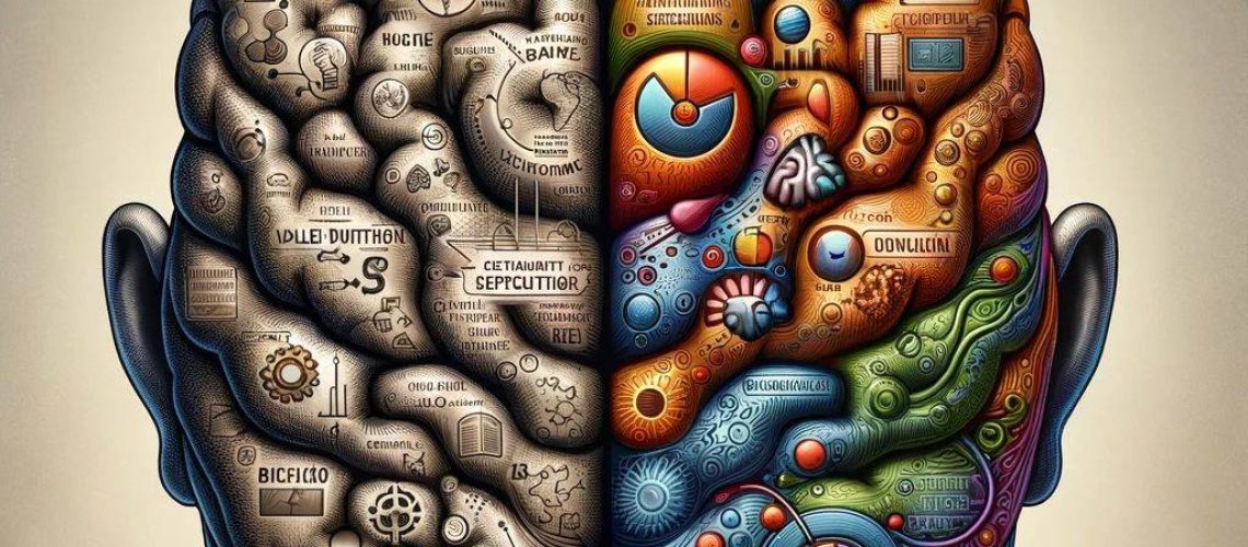 Illustration of a brain divided into two halves, representing the metaphor: business model (left, analytical) vs. business plan (right, creative).