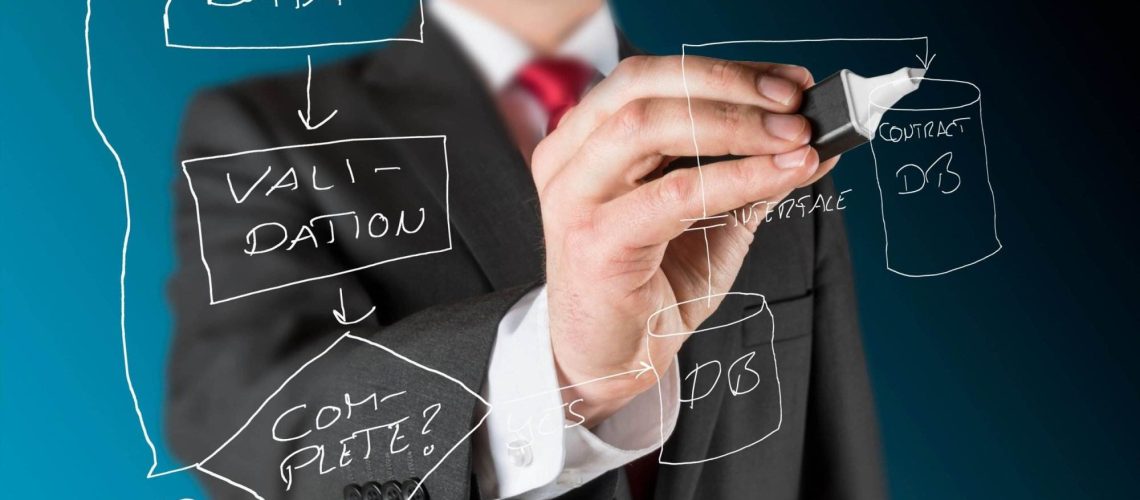 Man in suit drawing a flowchart on transparent screen with steps including input data, validation, and database interaction.