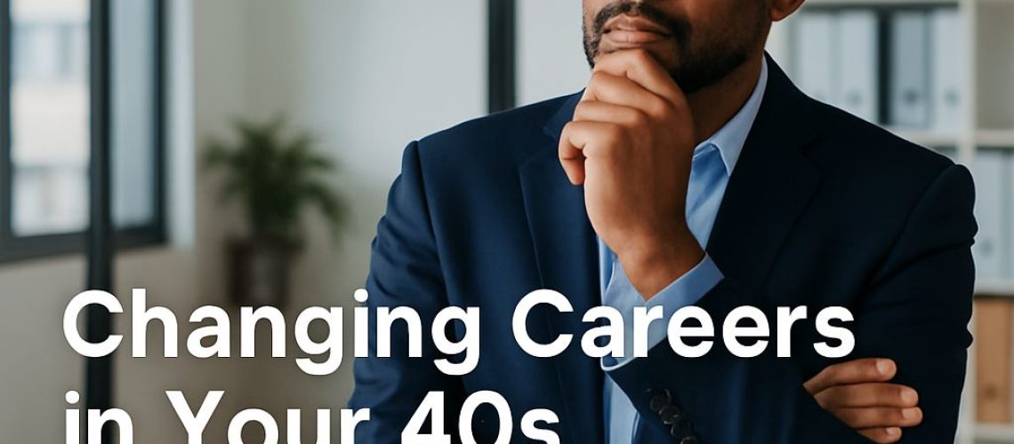 A thoughtful man in a suit considers options for changing careers in his 40s, with tips for South African professionals.