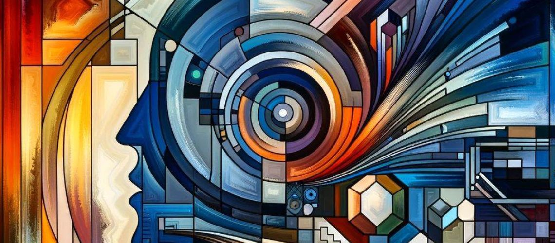 Abstract artwork with geometric shapes, vibrant colors, and a human profile, representing coaching and consulting concepts.